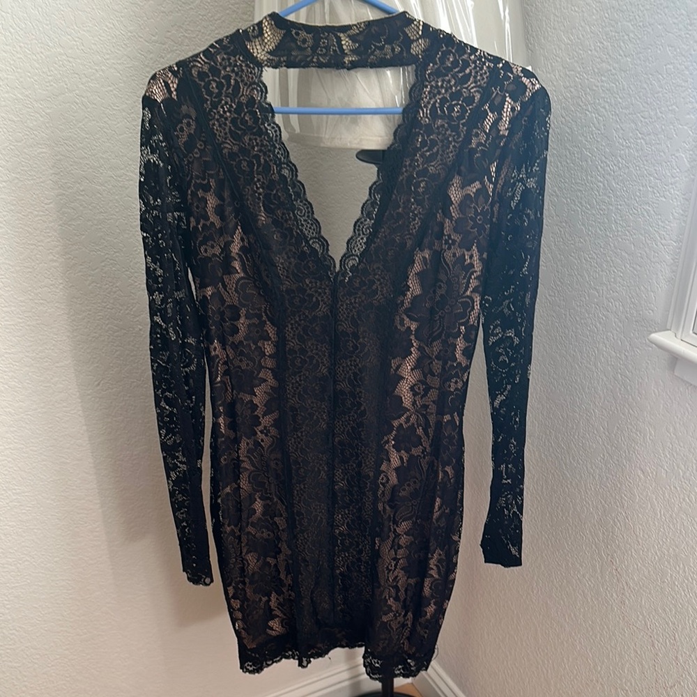 Bebe Tan Dress with Black Lace Detail
